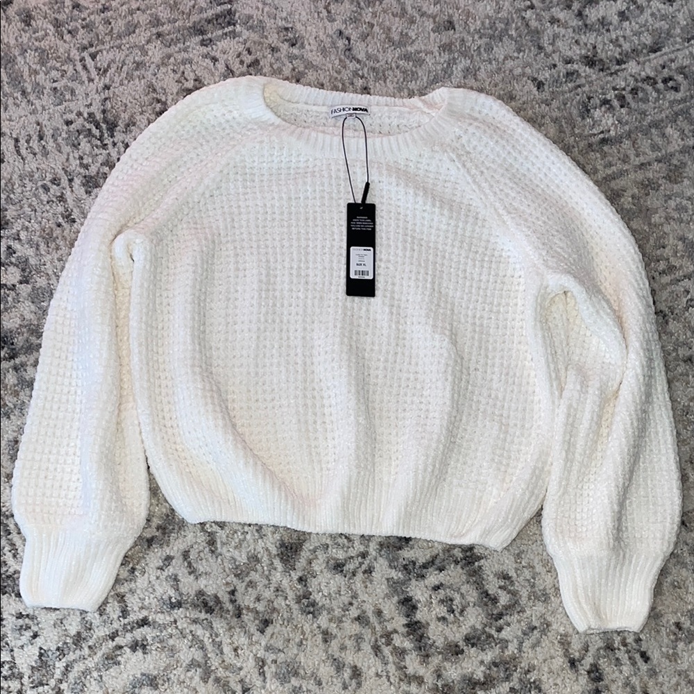 Fashion Nova White Crew Neck Sweater with Balloon Sleeves